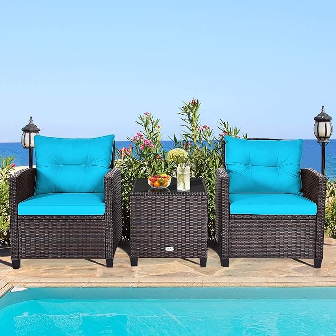 HAPPYGRILL 3 Pieces Patio Conversation Set, Outdoor Furniture Set PE Rattan