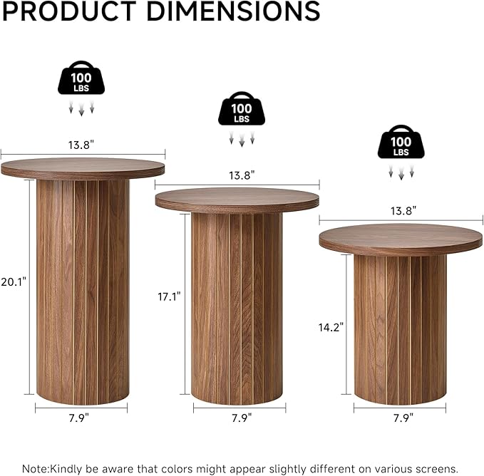 Round Nesting Coffee Table Set of 3 Mid Century Modern Wood Round Coffee Tables