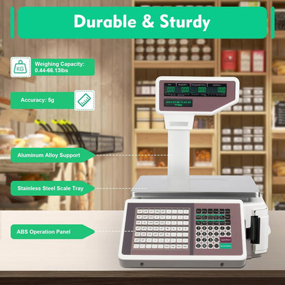Label Printing Scale with Dual TD Thermal Label & Receipt Printer, 110-220V Electronic Price Computing Scale Pole Display, 66LBS Commercial Barcode Scale for Retail Outlet Store Food Meat Shop