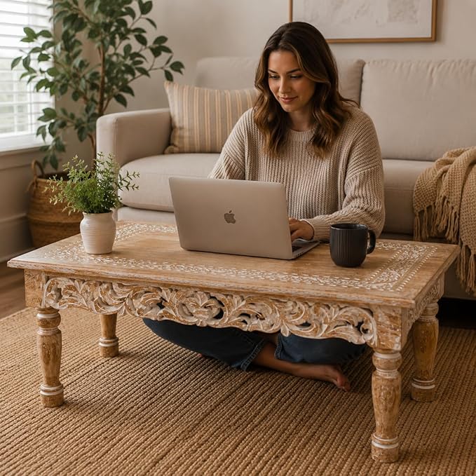 Rectangular Wooden Coffee Table 36x24x18 Inch – Beige Finish