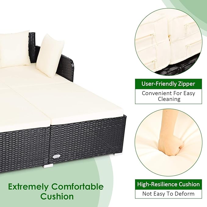 COSTWAY Outdoor Patio Rattan Daybed, Sponge Cushioned Loveseat Sofa