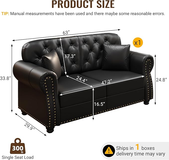 KEIKI 63" Faux Leather Chesterfield Sofa