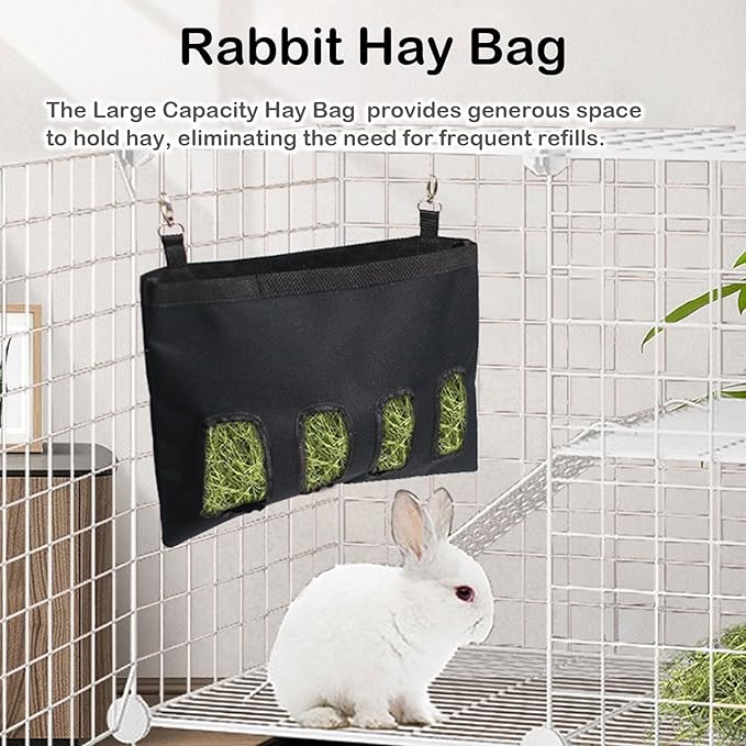 Rabbit Hay Feeder - Large Capacity Oxford Cloth Hanging Hay Bag - 4 Holes - 1 Pcs (Black)