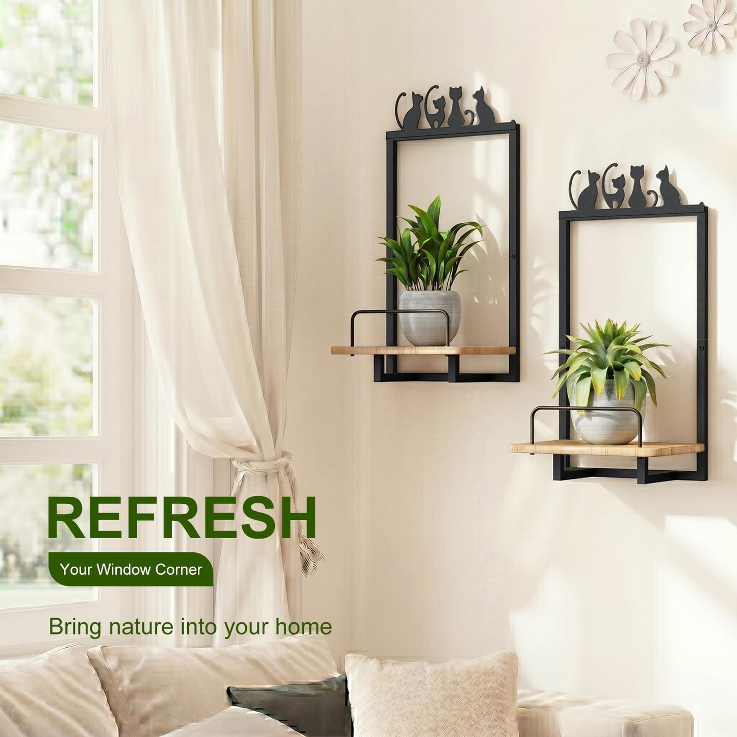 Shineled Wall Planter for Indoor Plants 2 Pack, Wall Mounted Plant Holder for Small Plants, Floating Wall Shelf for Plants, Real Oak Wood, Magnetic Animal Decor, Home Wall Decor (Cat)