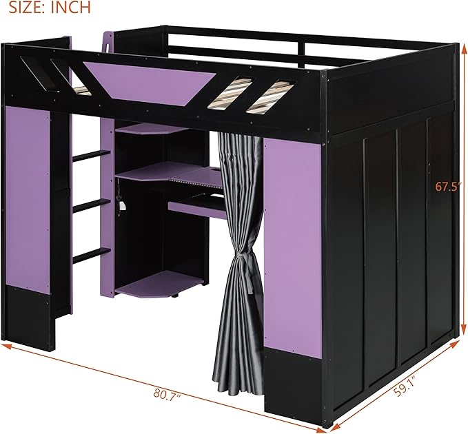 Full Size Wood Loft Bed with Built-in Workstation, Smart Storage, RGB Lighting