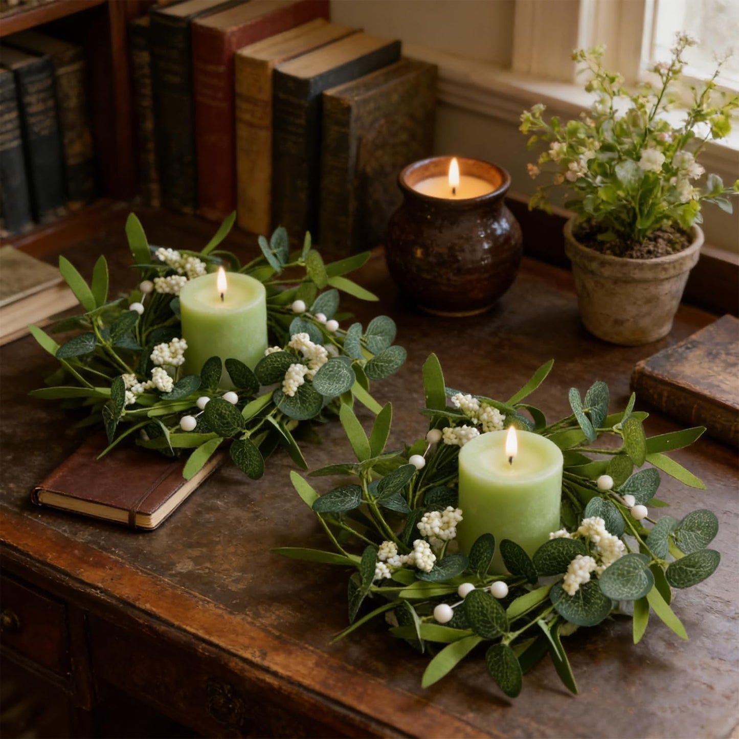 6 Pcs Green Artificial Eucalyptus Candle Rings Wreaths Mini Green Summer Kitchen Cabinet Wreath Table Centerpieces with White Berry for Pillars Farmhouse Porch Front Door Wedding Decor