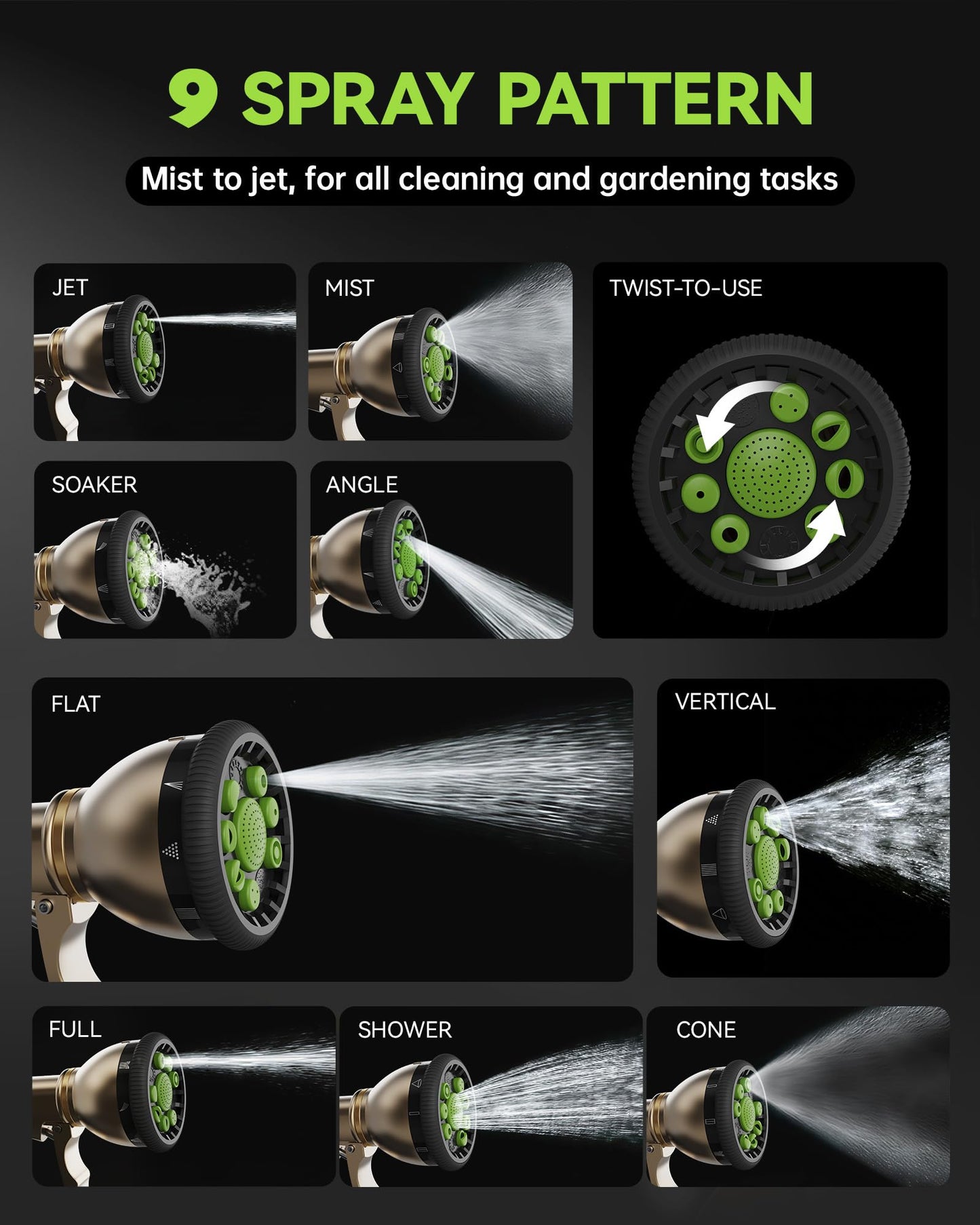 RAINPOINT Garden Hose Nozzle, 9 Spray Patterns Hose Sprayer Nozzle, Heavy Duty Metal Water Hose Nozzle, Adjustable Hand Sprayer, Watering Plants and Lawn, Pet Showering (Nozzle, Green)