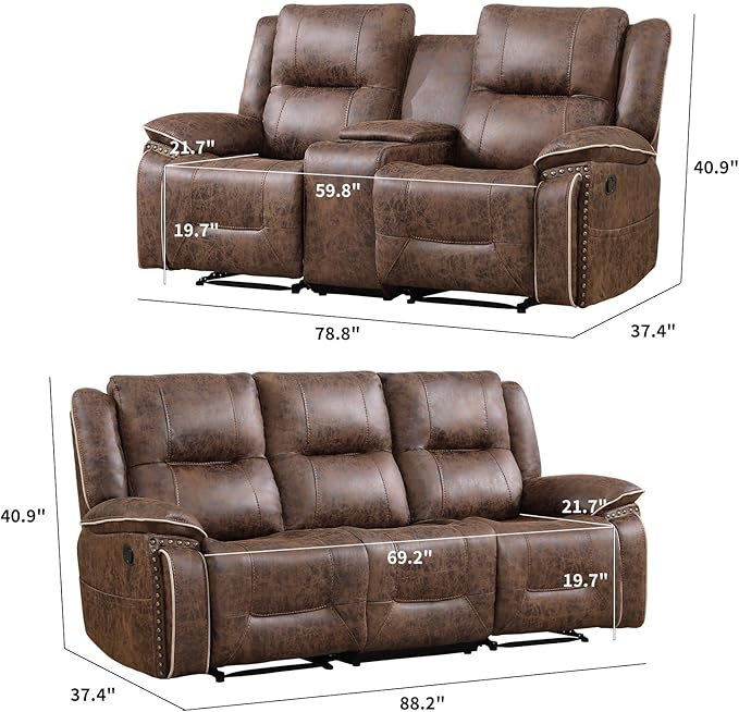 EBELLO Manual Recliner Sofa Set, Faux Leather Reclining Loveseat and 3 Seater