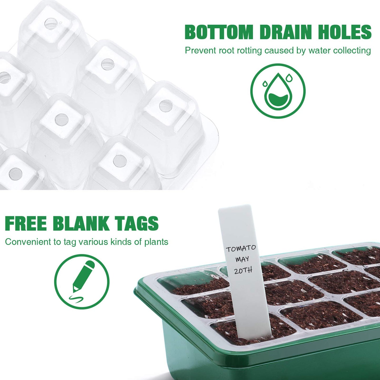 Delxo 10-Pack Seed Starter Kit Seedling Starter Tray (12 Cells) Humidity Adjustable Plant Germination Kit Garden Seed Starting Tray with Dome and Green Base Plus Plant Tags Hand Tool Kit