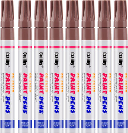 Brown Paint Markers, 8 Pack Oil-Based Waterproof Quick Dry Permanent Paint Pen Set for Rocks Painting, Wood, Fabric, Plastic, Canvas, Glass, Mugs, Metal, Tire, Stone, DIY Craft