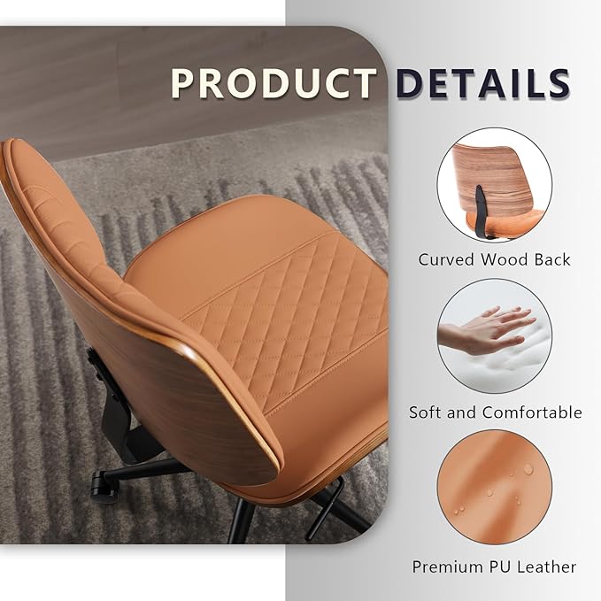 Home Office Chair No Arms with Wheels, Adjustable Height PU Leather Mid Back