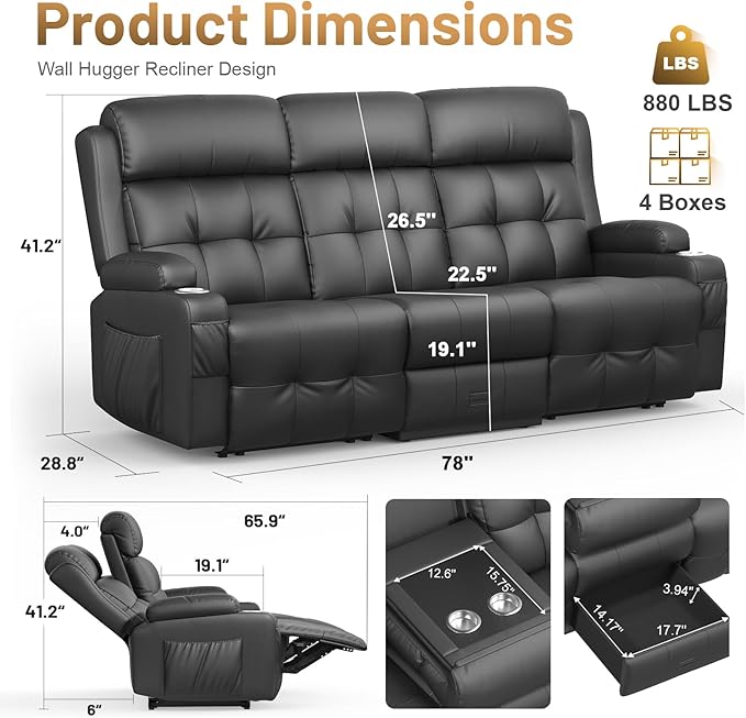3-Seater Loveseat Recliner Sofa, Home Theater Seating Reclining Couch