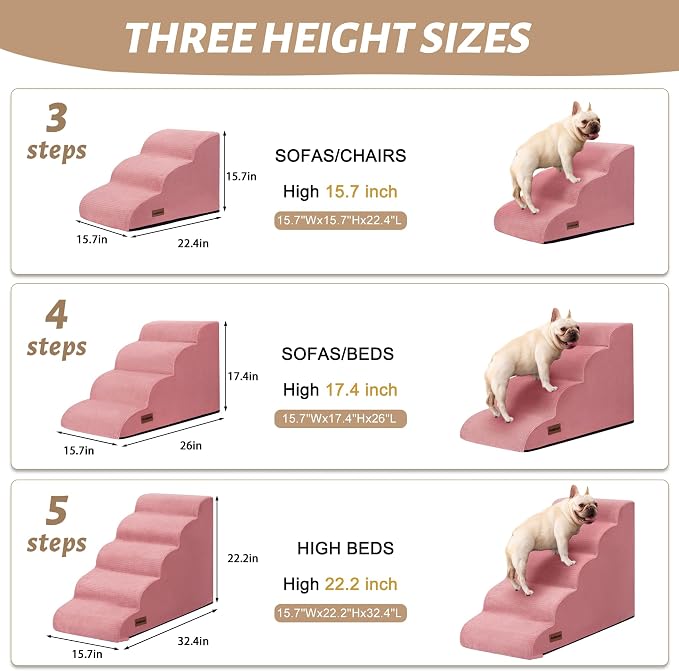 5-Step Pink Dog Stairs for High Bed, Pet Ramp for Small Dogs, Cats | Aodisman Pink Pet Stairs Designed for Small Dogs and Cats, Making It Easier to Get on High Beds with Comfort , 22.4" H