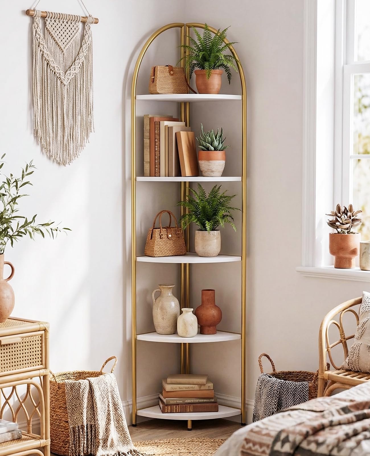 Rifoer 5 Tier Corner Shelf, Luxury Gold Corner Plant Stand with White Wood Shelves,Modern Metal Corner Bookshelf Display Rack,Premium Corner Storage Shelving Unit for Living Room,Bedroom,Bathroom