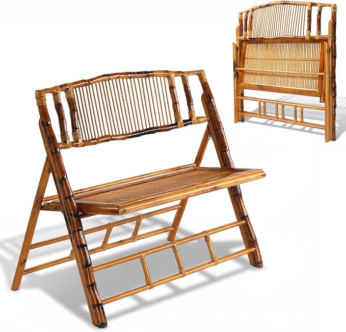 VINGLI Bamboo Rattan Folding Loveseat, Handmade Double Seat Folding Chair
