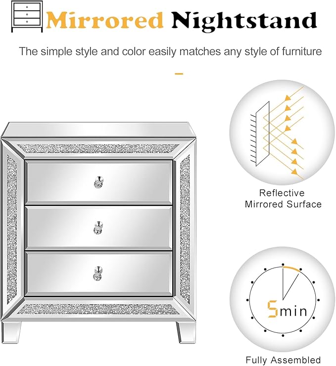 VINGLI Mirrored Nightstand Glass End Table, Mirrored Bedside Table