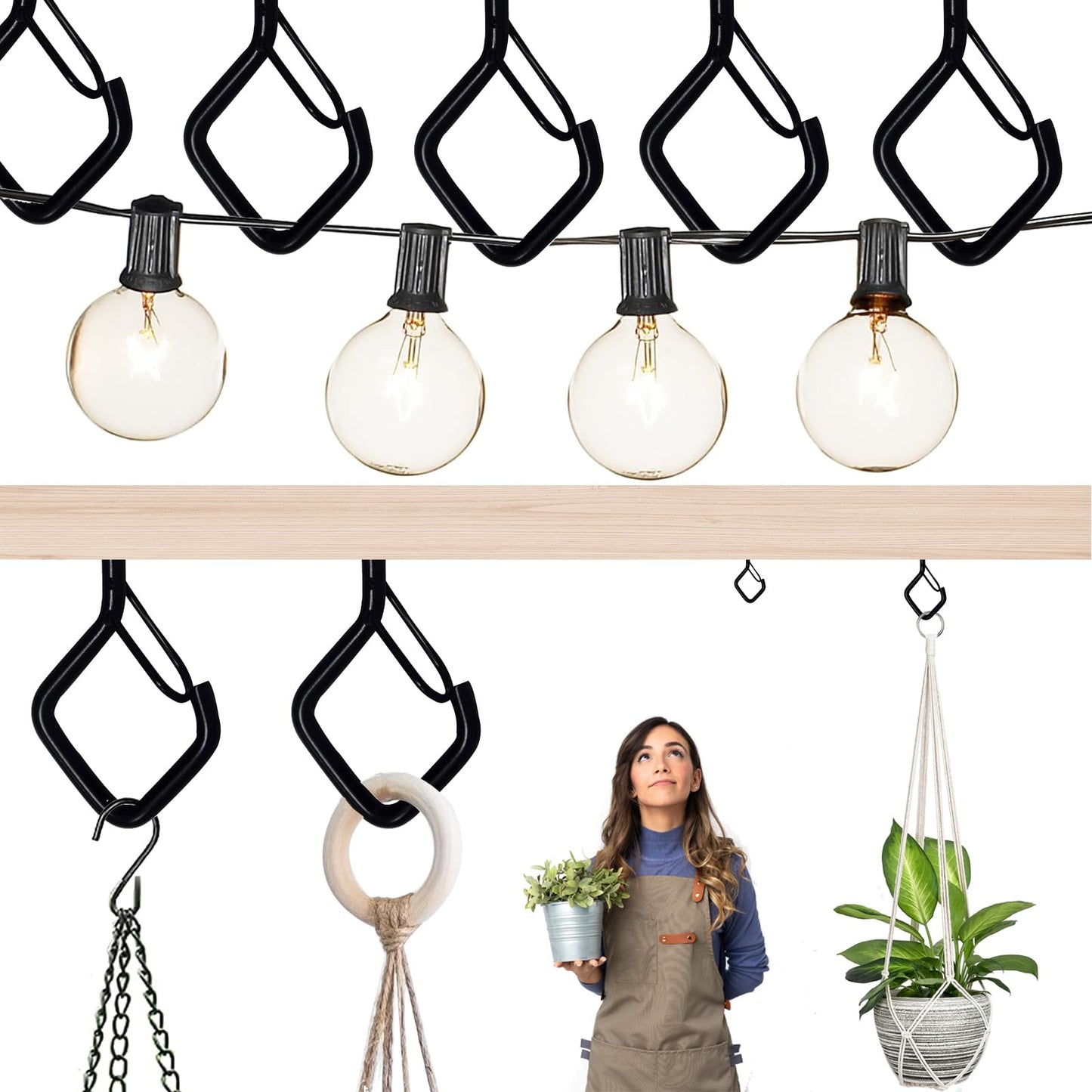Ticway 30 Pcs Outdoor Hooks for String Lights,Screw Hooks for Hanging Plants,Ceiling Hooks with Safety Buckle,Square Hanger for Wind Chimes,Bird Feeder,Lanterns,Christmas Decorations (Black)