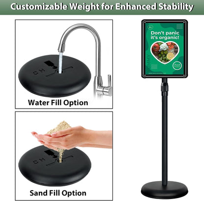 11x17 inches Poster Stand Holder Adjustable Pedestal Floor Standing Sign Holder Vertical and Horizontal View Sign Display, Aluminum Snap Open Frame with Safety Corner, Black