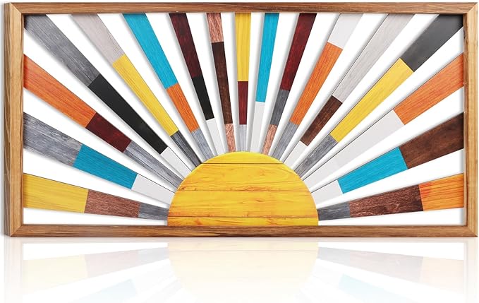 IARTTOP Large Boho Sun Wall Art Framed Wooden Art Wall Decor Rainbow Sun Rising