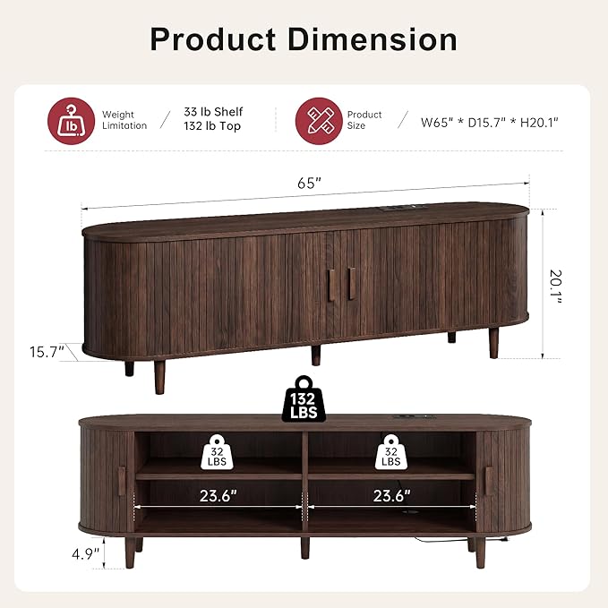 65" Mid Century Modern TV Stand, Wood TV Consoles