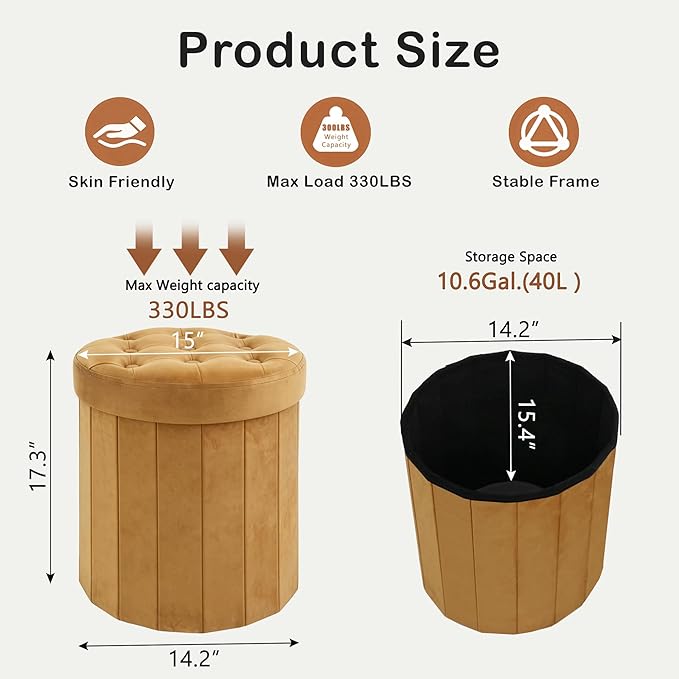 CAROLMADE Round Storage Ottoman, Velvet Folding Footrest Stool