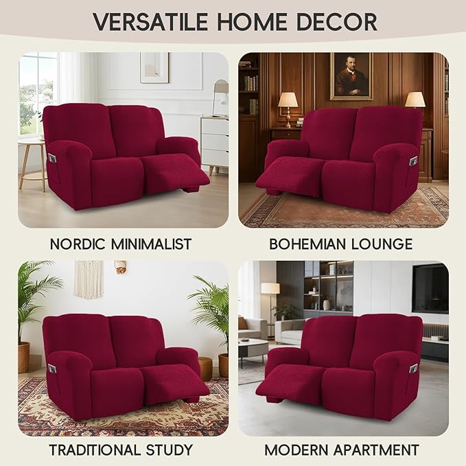 Recliner Loveseat Covers, 4-Piece Stretch Geometric Strokes Jacquard Reclining