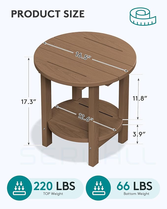SERWALL Round Outdoor Side Table Set of 2, HDPE Small Adirondack Double End