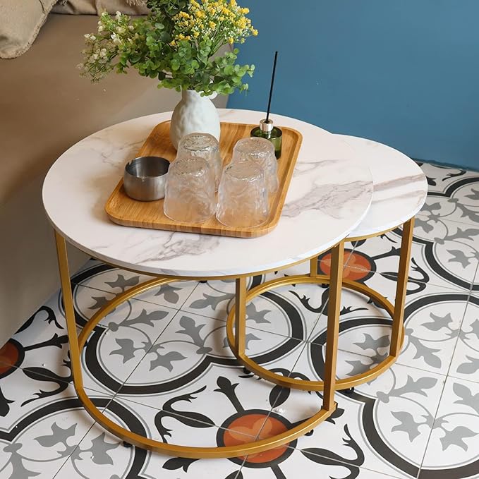 aboxoo Coffee Table Nesting White Set of 2 Side Set Golden Frame Circular Round