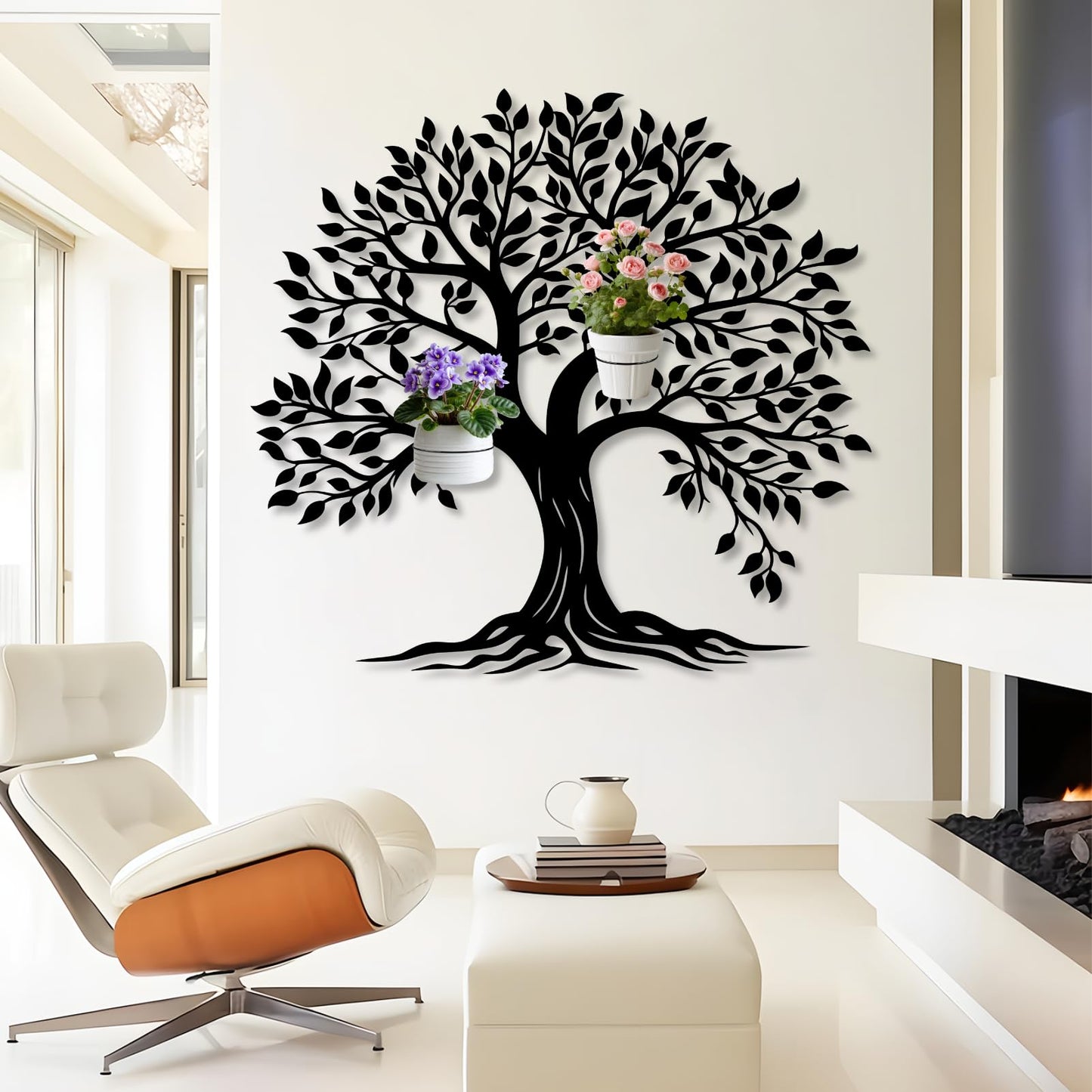 Tree of Life Metal Wall Mounted Plant Holder, Tree Wall Plant Holders Indoor Stand, Metal Hanging Plants Shelf for Living Room, Entryway (Black, 31"x 29"| 80x75cm, 3 Pack 6" Flower Pot Holder Ring)
