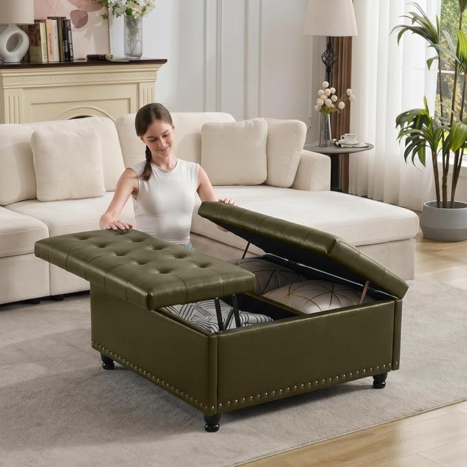 Tbfit Large Square Storage Ottoman Bench, Tufted Upholstered Coffee Table
