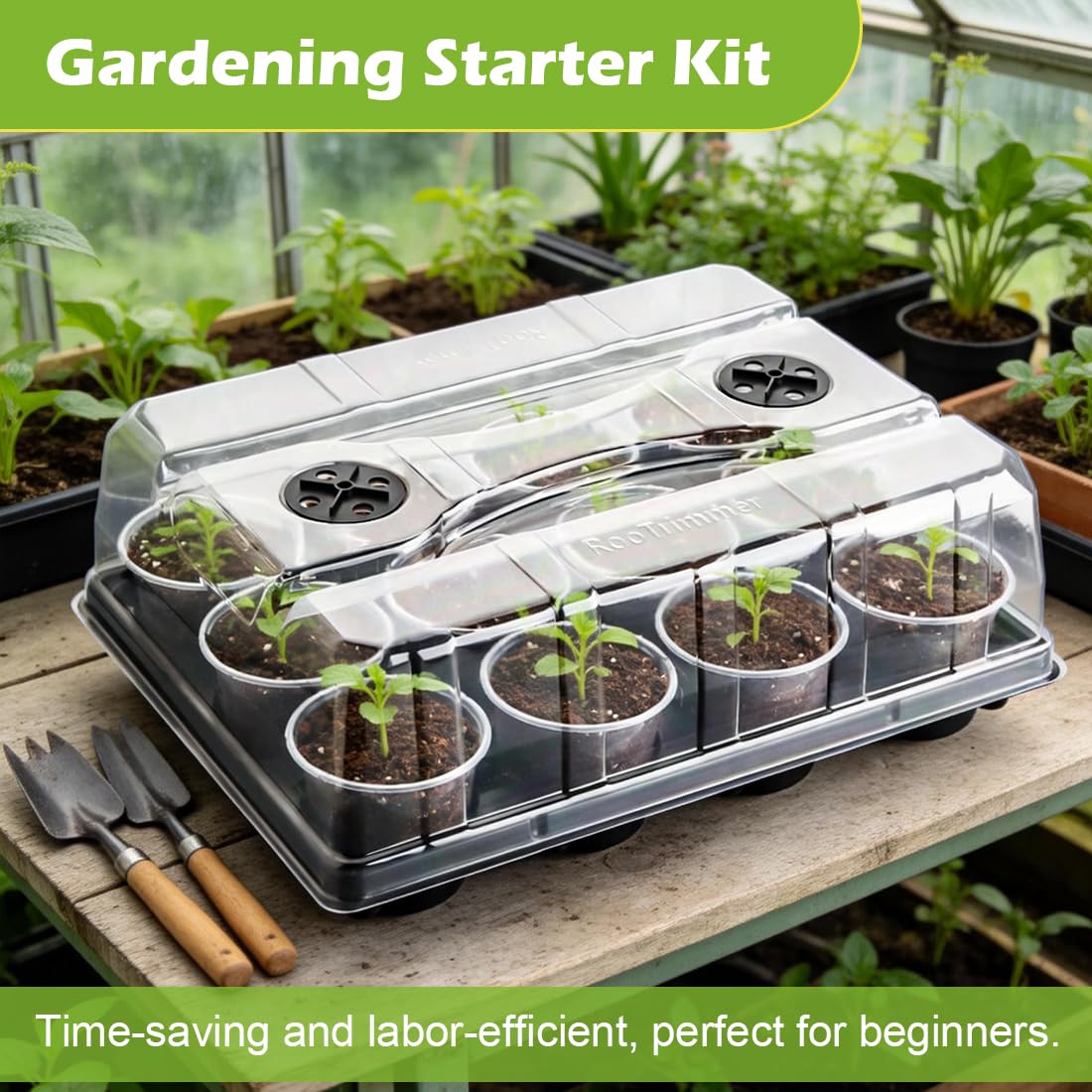 RooTrimmer 5 Pack 12 Cell Nursery Pot Trays with Adjustable Humidity Domes & 4 Inch Clear Pots 60 Pack, Sturdy Seed Starting Kit for Greenhouse Garden, Reusable Plant Growing Germination 5 Sets