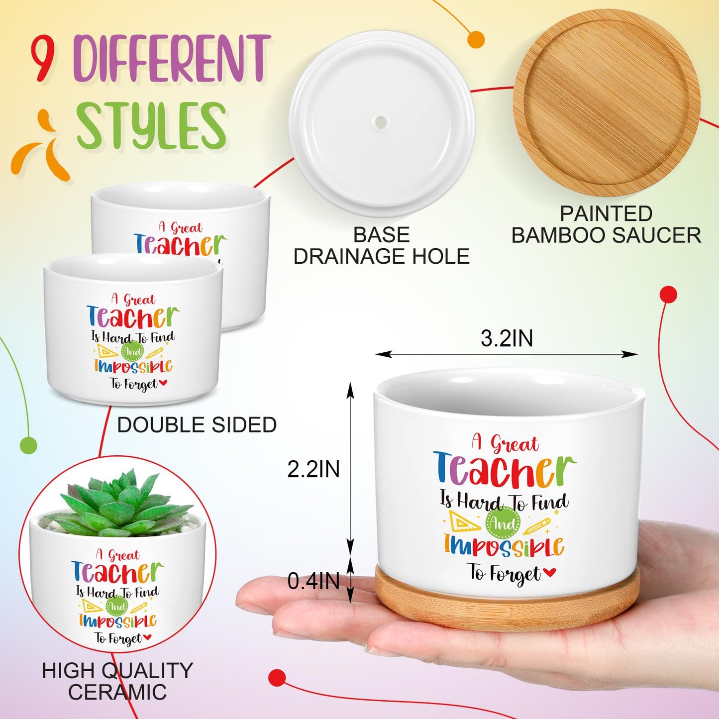 Domensi 9 Pcs Teacher Appreciation Gifts Bulk Ceramic Succulent Plant Pot with Bamboo Tray Ceramic Planter Accessories for Funny Cute Teacher Birthday Retirement Gifts