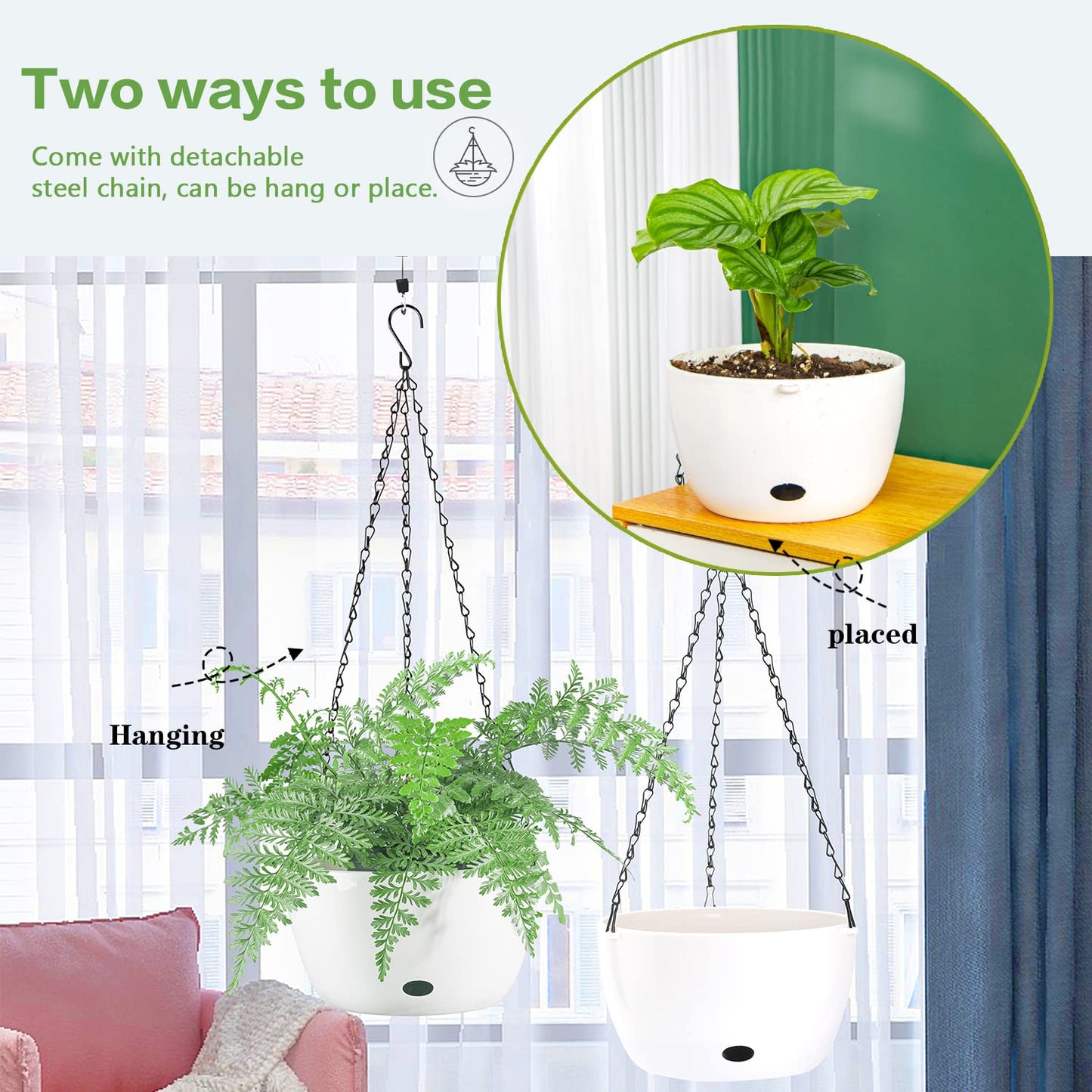 Sungmor Self Watering Hanging Planter for Indoor Plants, 9.4" & 11.2" 2-PACK Large White Plastic Hanging Basket, Garden Flower Pots with Hanging & Standing Design, Thickened Sturdy Drainage Plant Pots