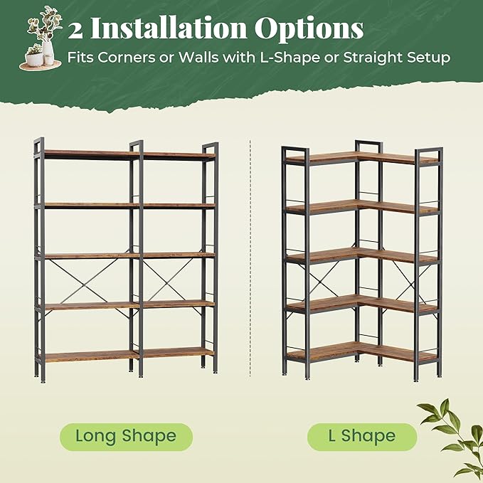 Huuger 5 Tier Bookshelf, L Shaped Corner Bookshelf