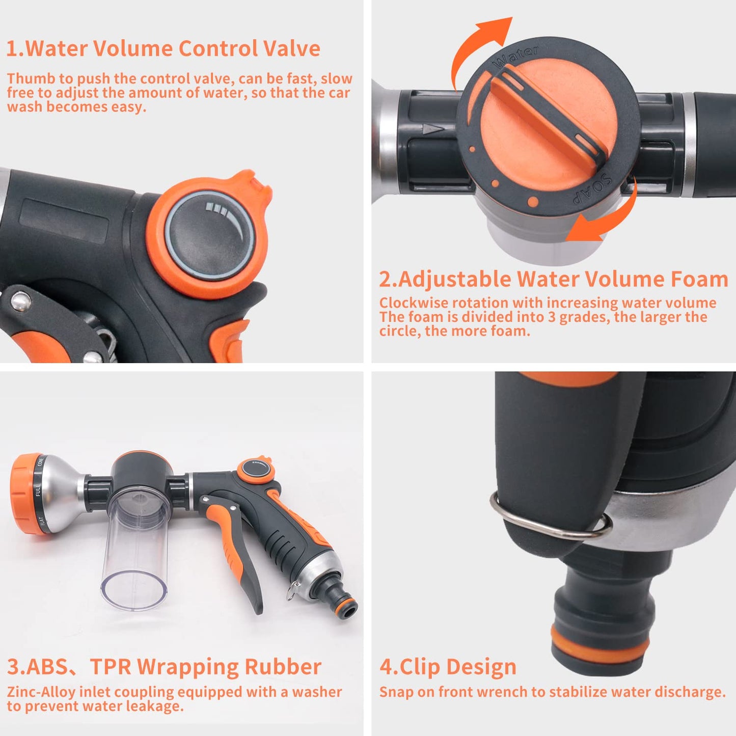 Garden Hose Nozzle,8 Patterns Hose Sprayer High Pressure,Heavy Duty Dog Wash,Metal Water Hose Nozzle with Soap Dispenser,Car Wash Foam Gun