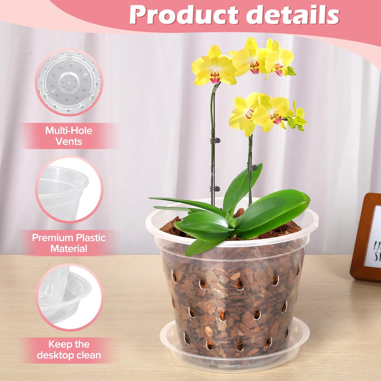 FUIJOL Orchid Pot, 6 Pack 5 Inch Clear Orchid Pots with Holes and Saucers for Repotting, Breathable Slotted Plastic Orchid Planters with Drainage for Root Health Indoor Outdoor (5 Inch)