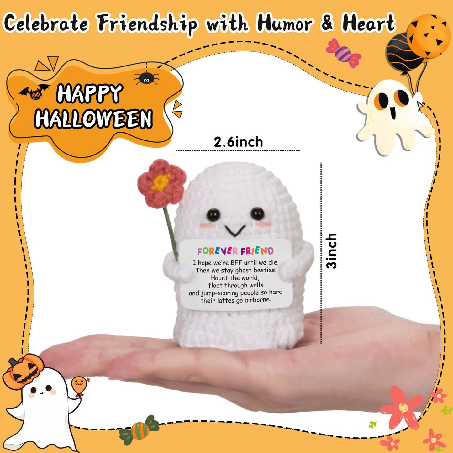 Frabaca Best Friend for Women Friendship Ornaments - Handmade Crochet Ghost Decor with Funny Boo BFF Message Card, Halloween Stocking Stuffers, Cute Birthday Gift for Bestie Soul Sister