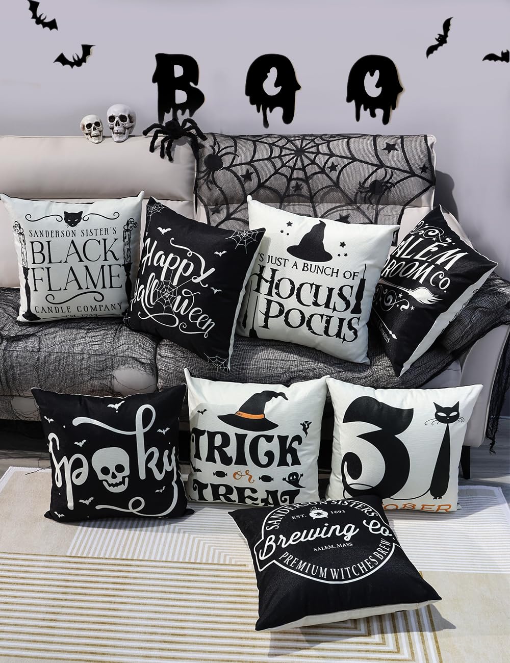 Halloween Decorations Set Of 4 Double-Sided Print Pillow Covers 18" x 18", with 8 Cute Halloween Decor Patterns, Elegant Invisible Zipper, Soft Linen Throw Pillow Covers for Outdoor & Indoor Use