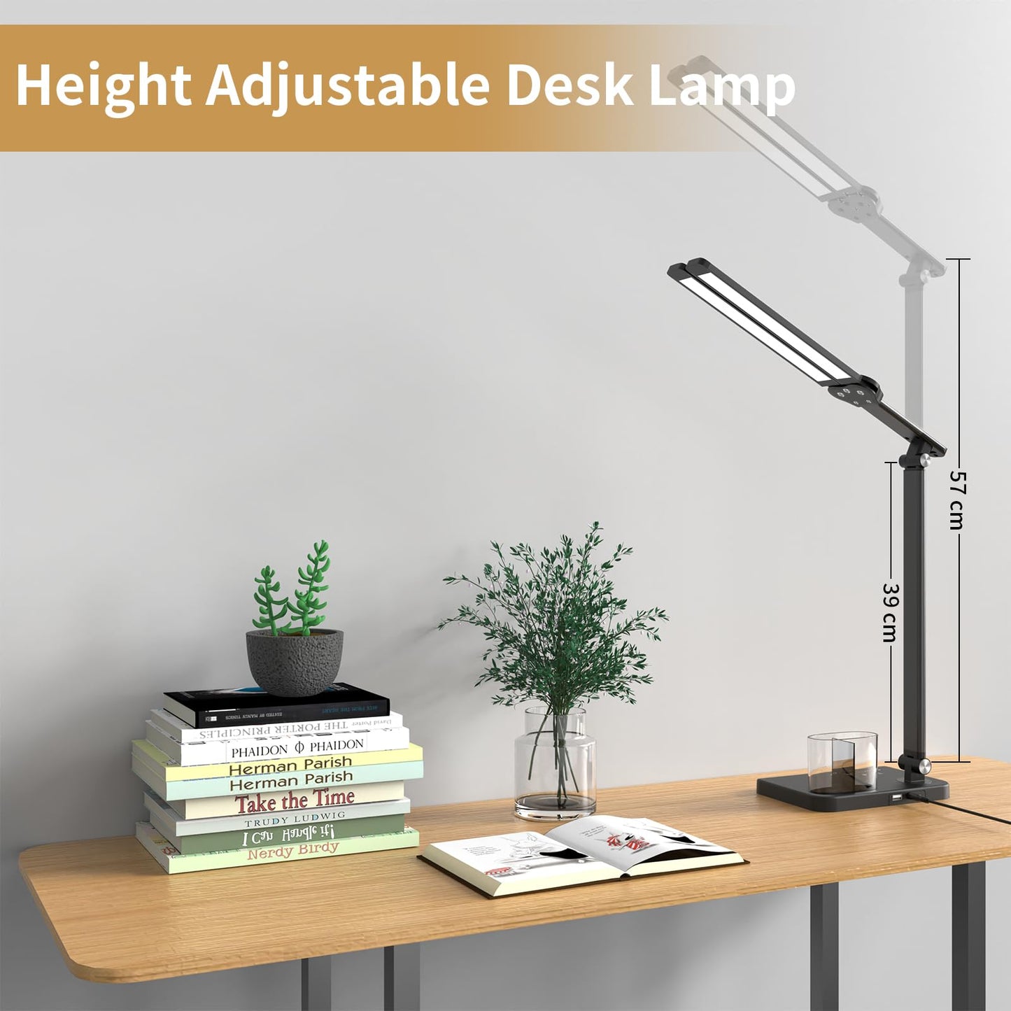 Woputne LED Desk Lamp, Dual Heads, Height Adjustable, USB Charging Port, 5 Light Modes & Dimmable Brightness, Bedside Lamp for Reading, Craft, Work, Study (Black, 15W)