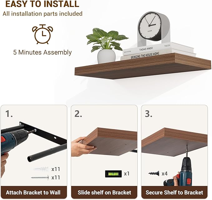 Acovy 72 Inch Floating Shelves, 3D Textured Wood Grain, Wooden Shelves