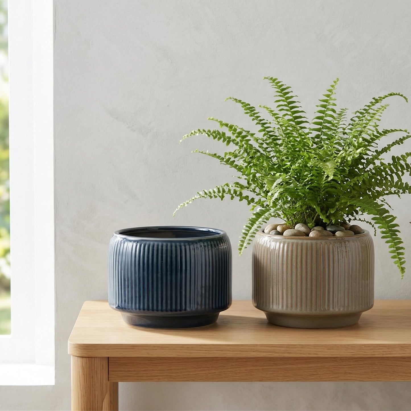 Sin wings 6 Inch Ribbed Ceramic Planter Set, Shallow Round Flower Pot with Drainage Hole, Modern Glazed Indoor Plant Pot for Fern Succulent Small Houseplant Desktop Windowsill Home Decor, 2 Pack