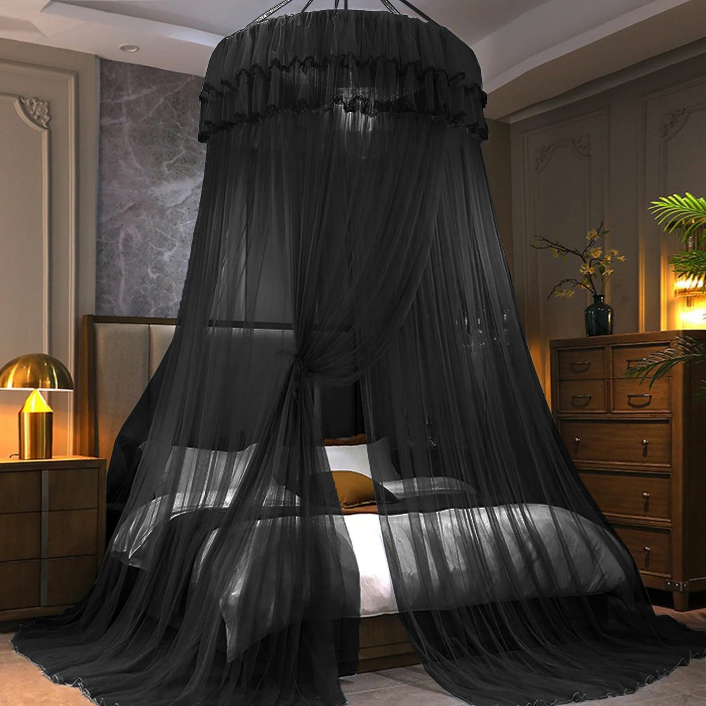 Kertnic Mosquito Net Bed Canopy for Girls, Princess Canopy Bed Curtain Fine Sheer Mesh Dome Bed Canopies, Girls & Adults Lace Tent for Twin Full Queen King Bed (Black)
