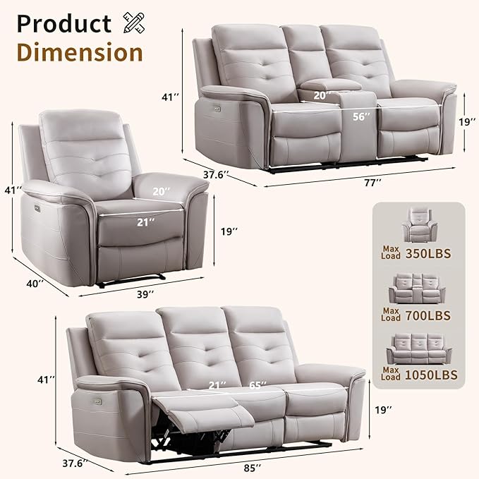 ANJ Oversized Power Reclining Loveseat Sofa Set of 2
