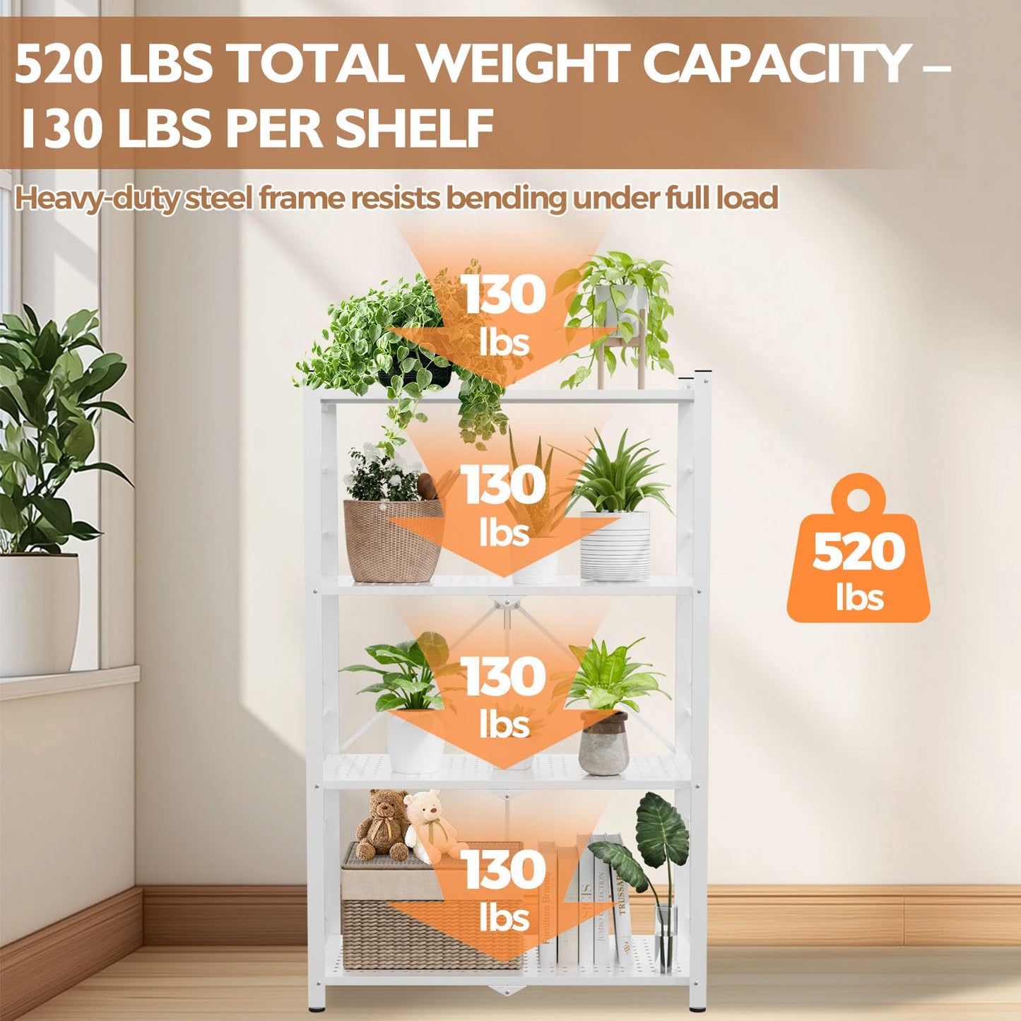 EAGLE PEAK 4-Tier Foldable Greenhouse Shelf, Heavy Duty Metal Storage Rack, No Assembly Steel Shelving Unit, Plant Stand for Greenhouse and Multi-Use Storage, 28”x14.6”x44.7”, 520 lbs, 2 Pack, White