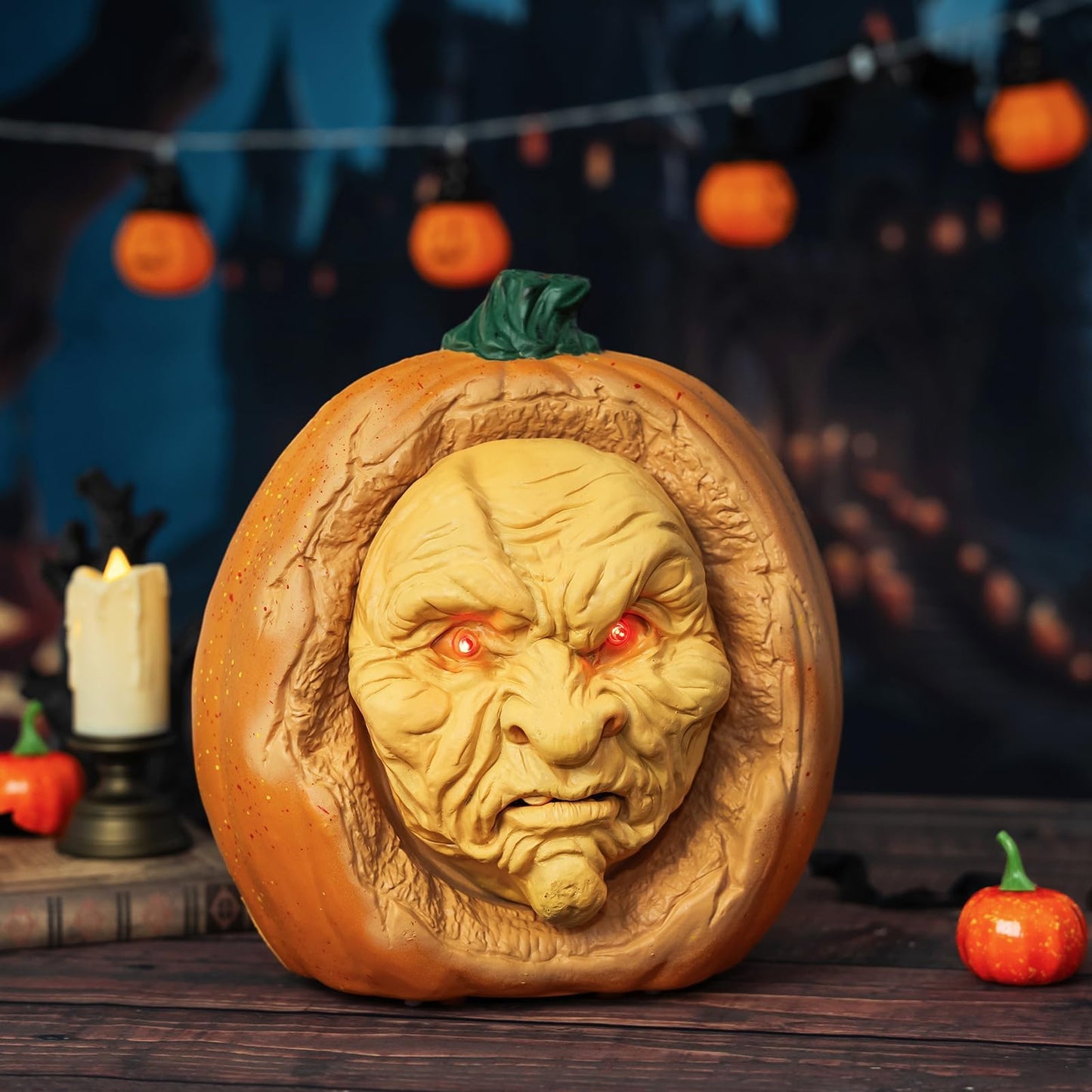 SeasonFable Whispering Gourdon Halloween Animated Pumpkin, Resin, Flickering Red LED Eyes, Eerie Talking Effect, Battery Powered, Horror Style, Indoor Decor