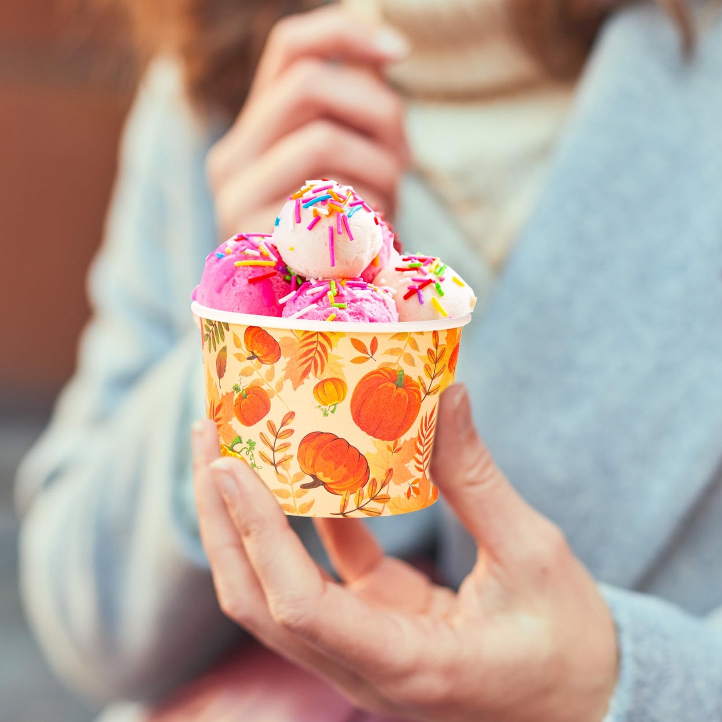 HOWAF 24pcs Fall Party Treat Snack Cups, Autumn Pumpkin Disposable Paper Cup Dessert Ice Cream Bowls for Happy Fall Y’all Party Supplies, Fall Leaves Maple Leaf Pumpkins Ice Cream Cups