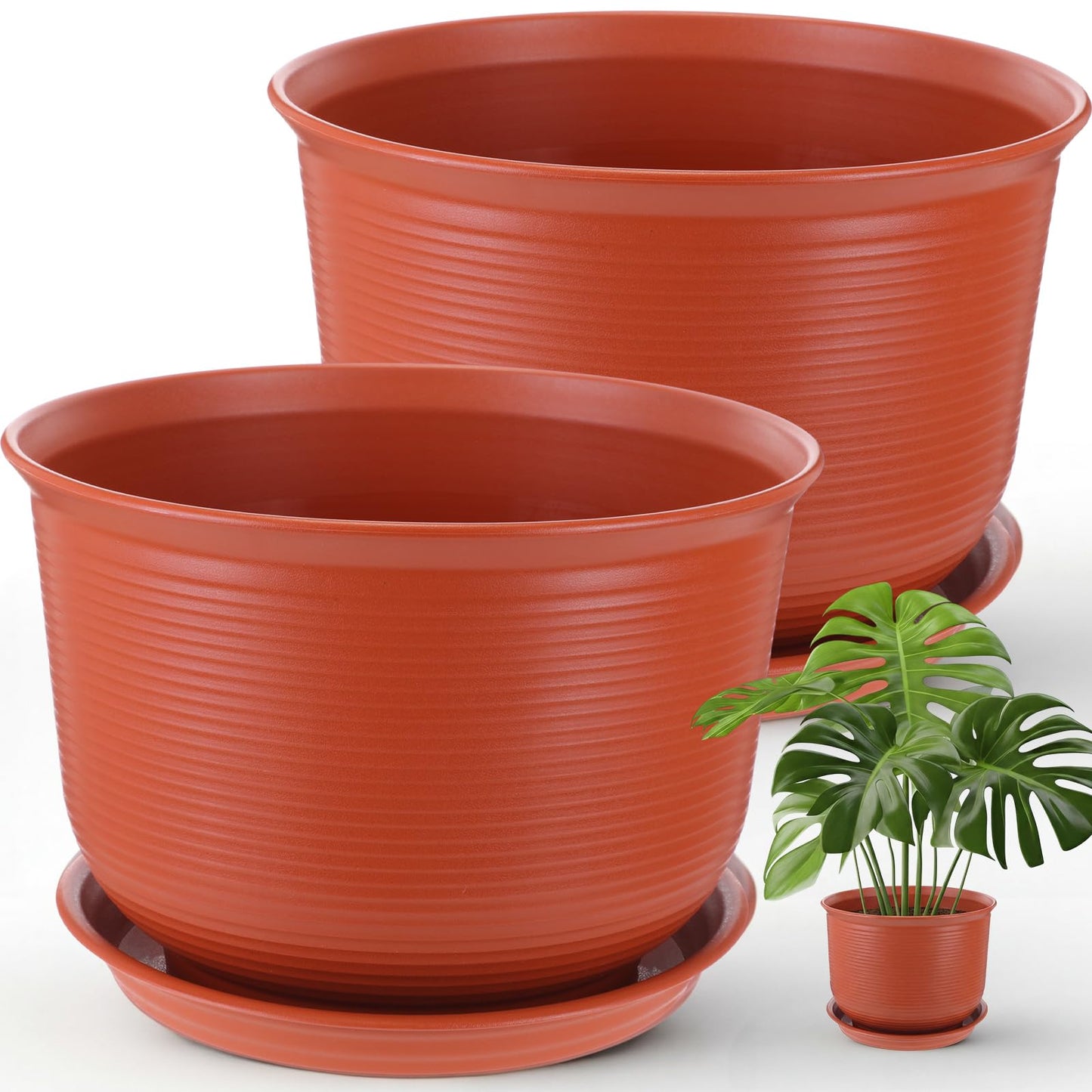 RimCereal 2 Pack 14 Inch Plastic Large Terracotta Plant Pot with Drainage Hole and Saucer Large Plant Tree Pots Flower Tree Containers for Indoor Outdoor Gardening Front Porch Patio Yard or Deck