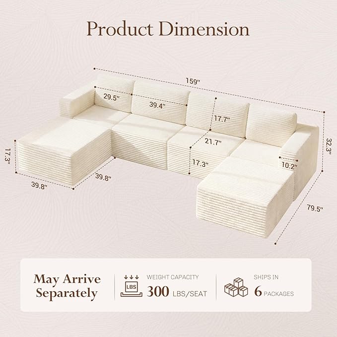 Vesgantti 159" Large Modular Sectional Sofa, U-Shaped Corduroy Cloud Couch