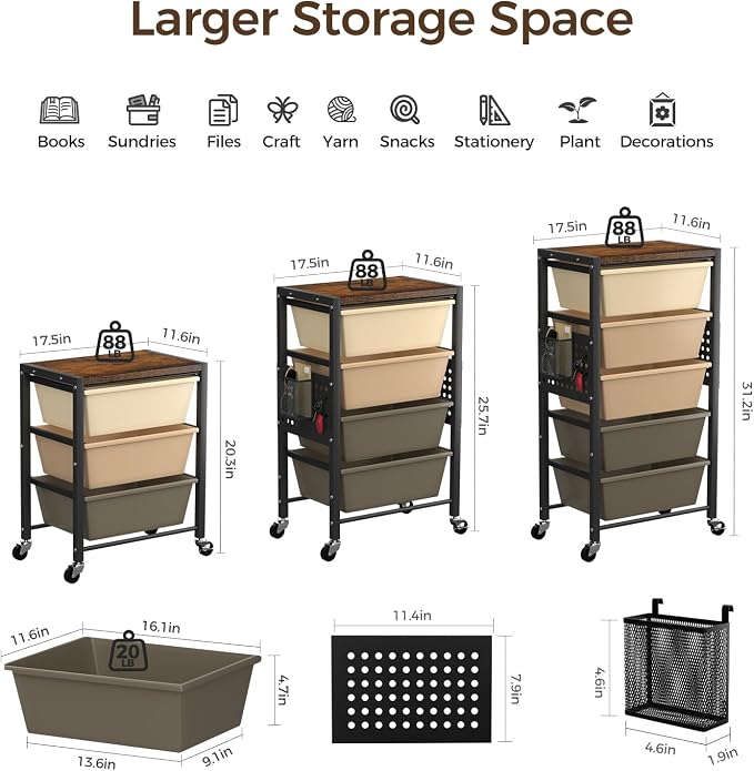 Rolling Cart with 5 Drawers, Plastic Drawer Storage Carts with Wheels & Wooden Tabletop, Metal Utility Cart with Pegboards, Office Living Room Classroom Craft Organization and Storage, Dark Brown