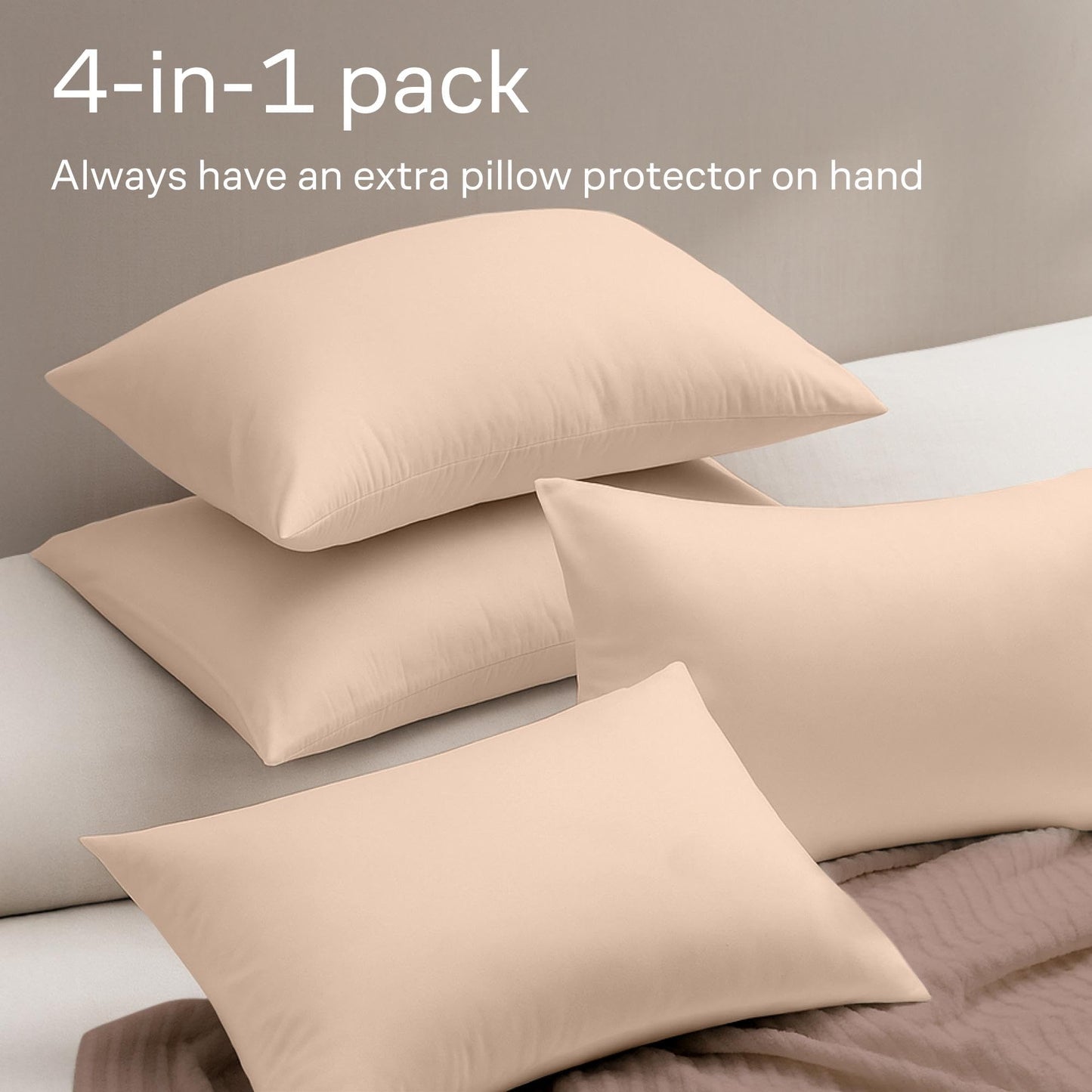 Ultra Soft Pillow Protectors with Zipper Standard Size - Set of 4 Breathable Pillow Covers - 100% Protection Against Stains, Dust & Dirt - Machine Washable (Beige)